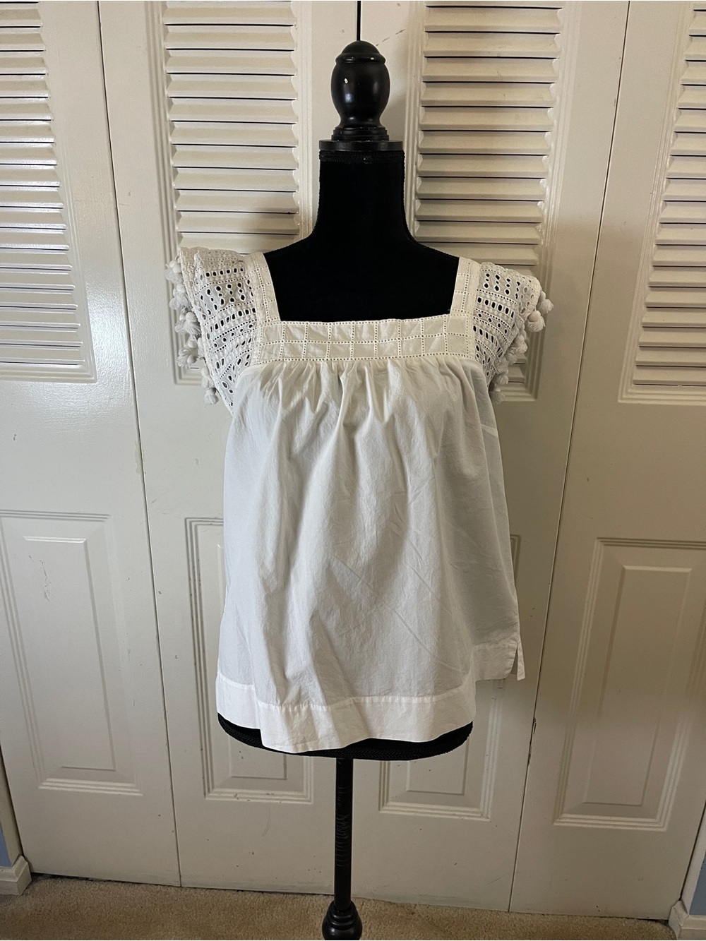 J. Crew White Square-Neck Crochet Pom Pom Sleeve Top
